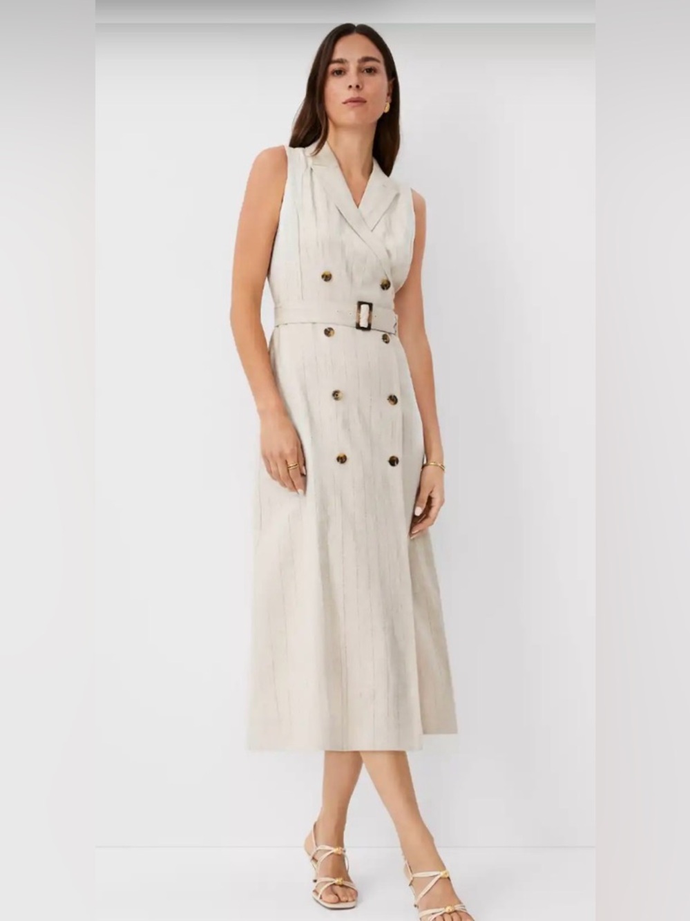 Ann Taylor Sleeveless Double-Breasted Pinstripe Belted Midi Dress — 4P